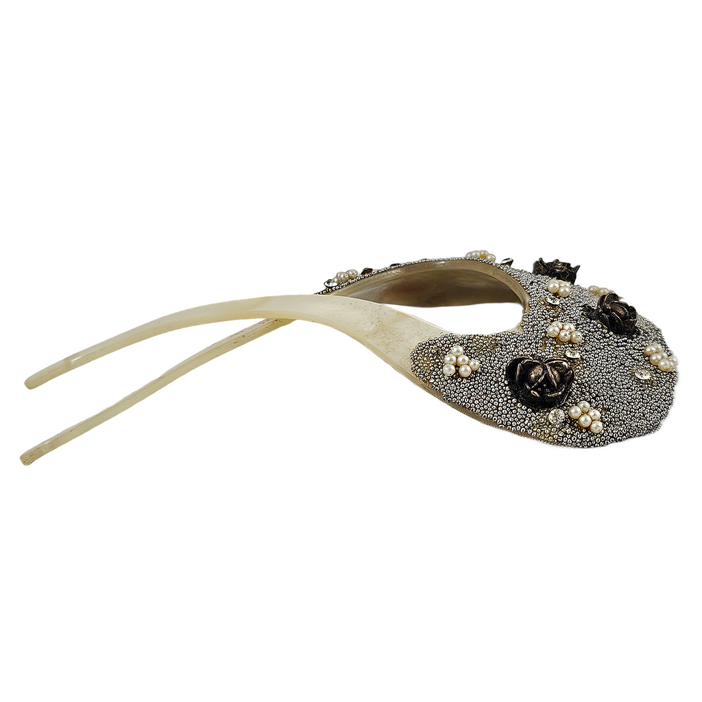 Mother of Pearl Hair Comb Applied Metal Roses Silver Beading