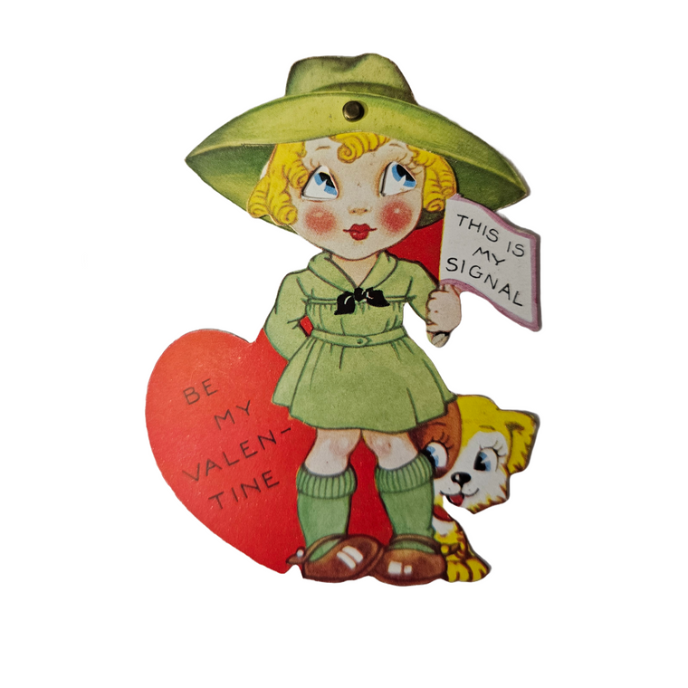 Antique Vintage Die Cut Mechanical Valentine Card Little Girl in Green with Puppy Dog