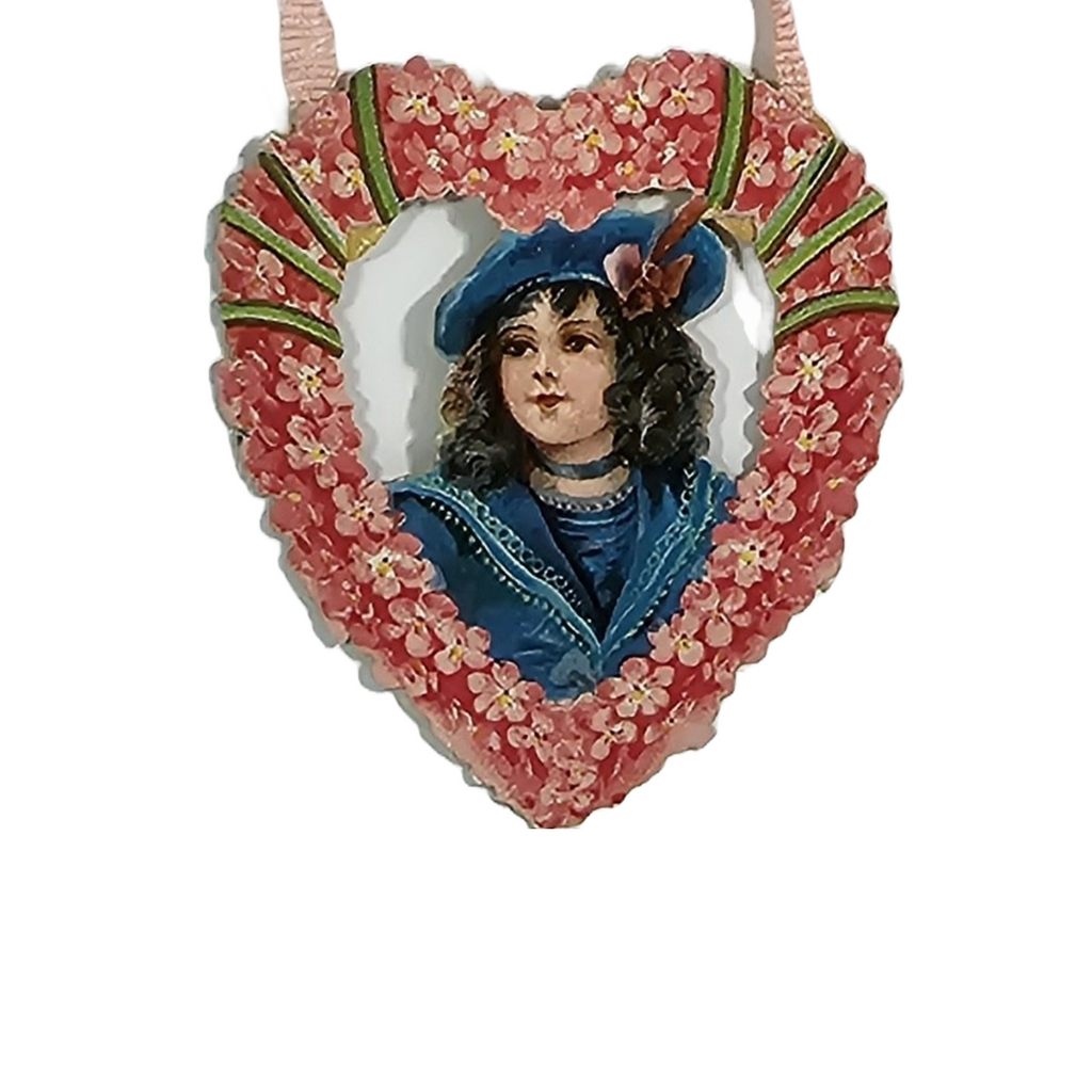 Antique Die Cut Valentine Card Hanging String Embossed Hearts with Flowers Cupids and Children