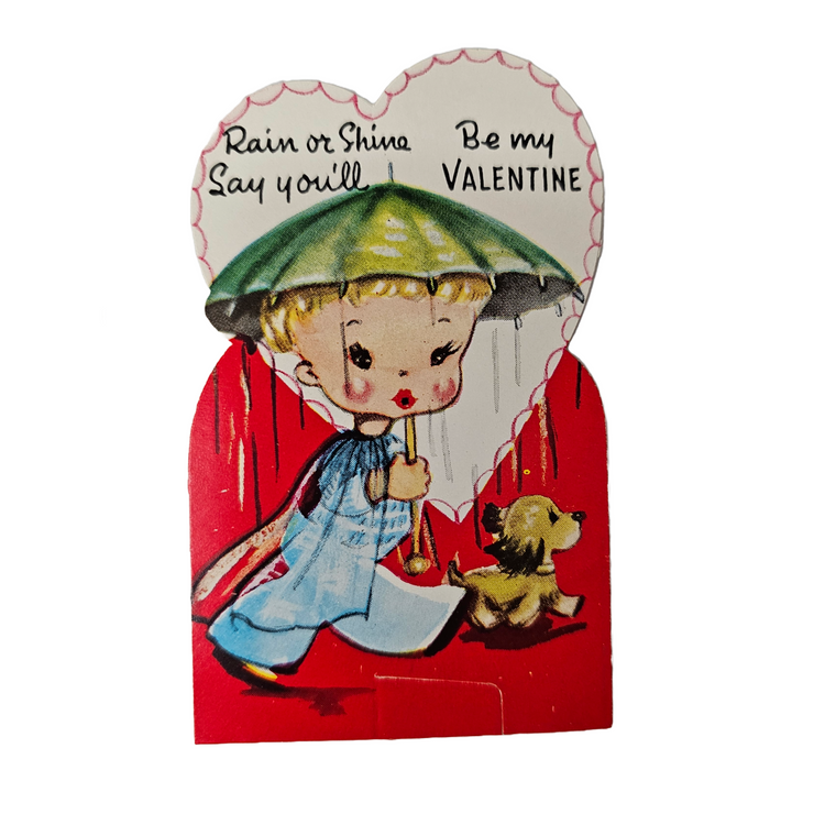 Vintage Die Cut Valentine Little Girl in Blue Holding Umbrella with Little Dog "Rain or Shine Say You'll Be Mine" 1940s