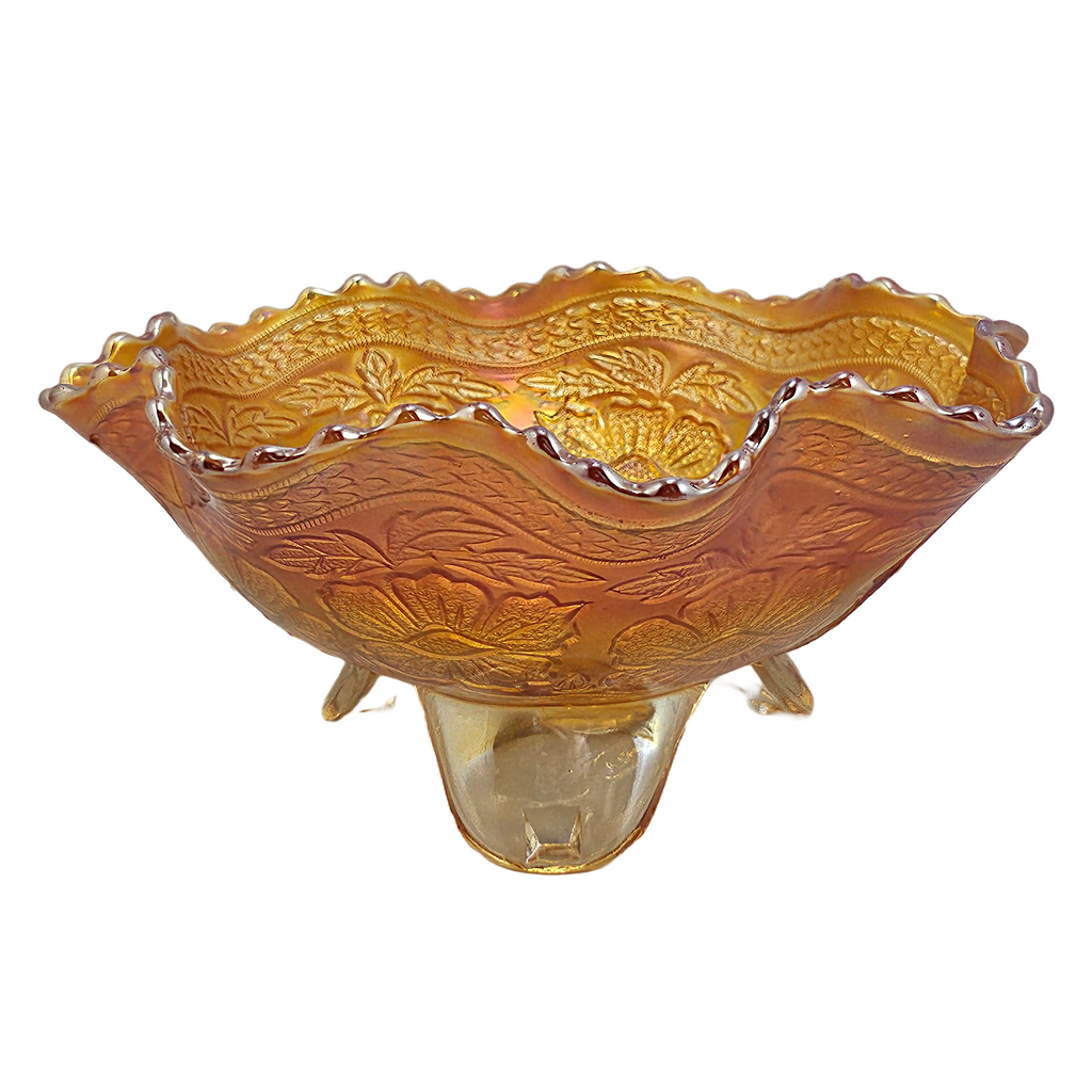 Fenton Antique Marigold Carnival Glass Two Flowers Dogwood and Marsh Lily Spatula Foot Bowl Ruffle and Sawtooth Rim