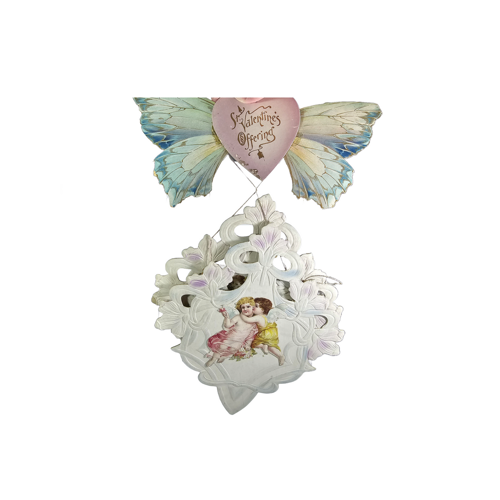 Antique Die Cut Hanging Valentine Decoration with Butterfly & Cupids