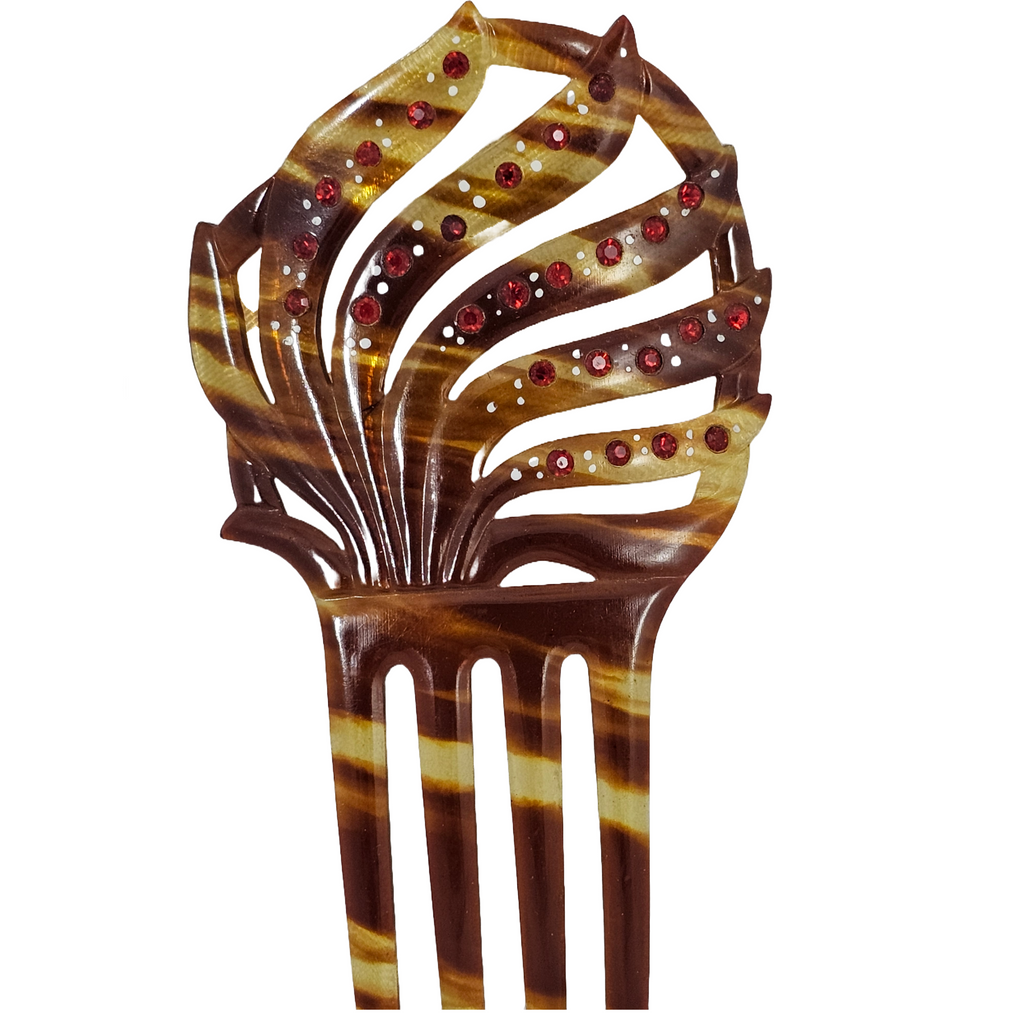 Art Deco Spanish Faux Tortoiseshell Celluloid Hair Comb with Red Rhinestones