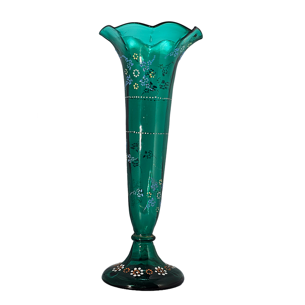 Enamel Emerald Green Art Glass Trumpet Vase 11"