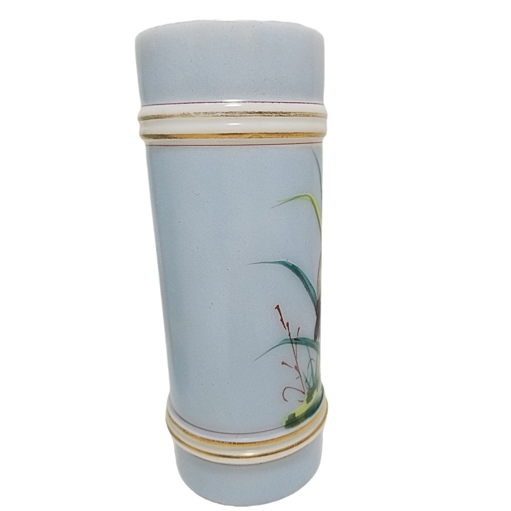 Antique Mt Washington Smith Brothers Sandwich Glass Ring Cylinder Vase Blue with Whooping Crane