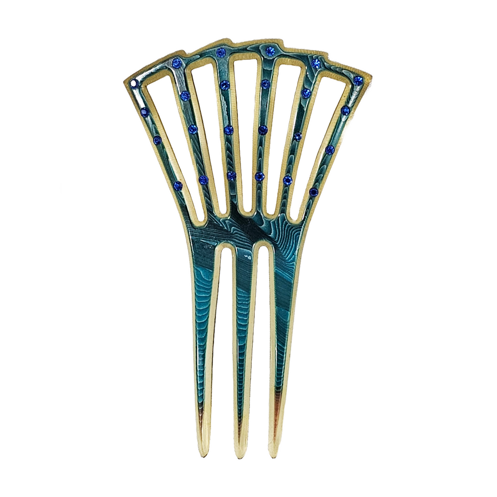 Art Deco Celluloid Hair Comb Teal Blue Sapphire Rhinestones Antique Fashion Accessory