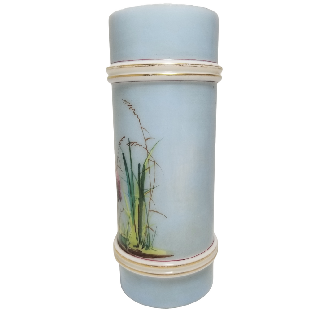 Antique Mt Washington Smith Brothers Sandwich Glass Ring Cylinder Vase Blue with White Crane
