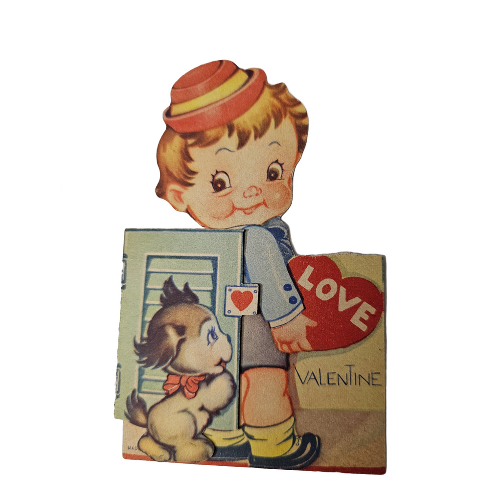 Antique Vintage Die Cut Valentine Card Little Boy in Hat with Puppy Dog