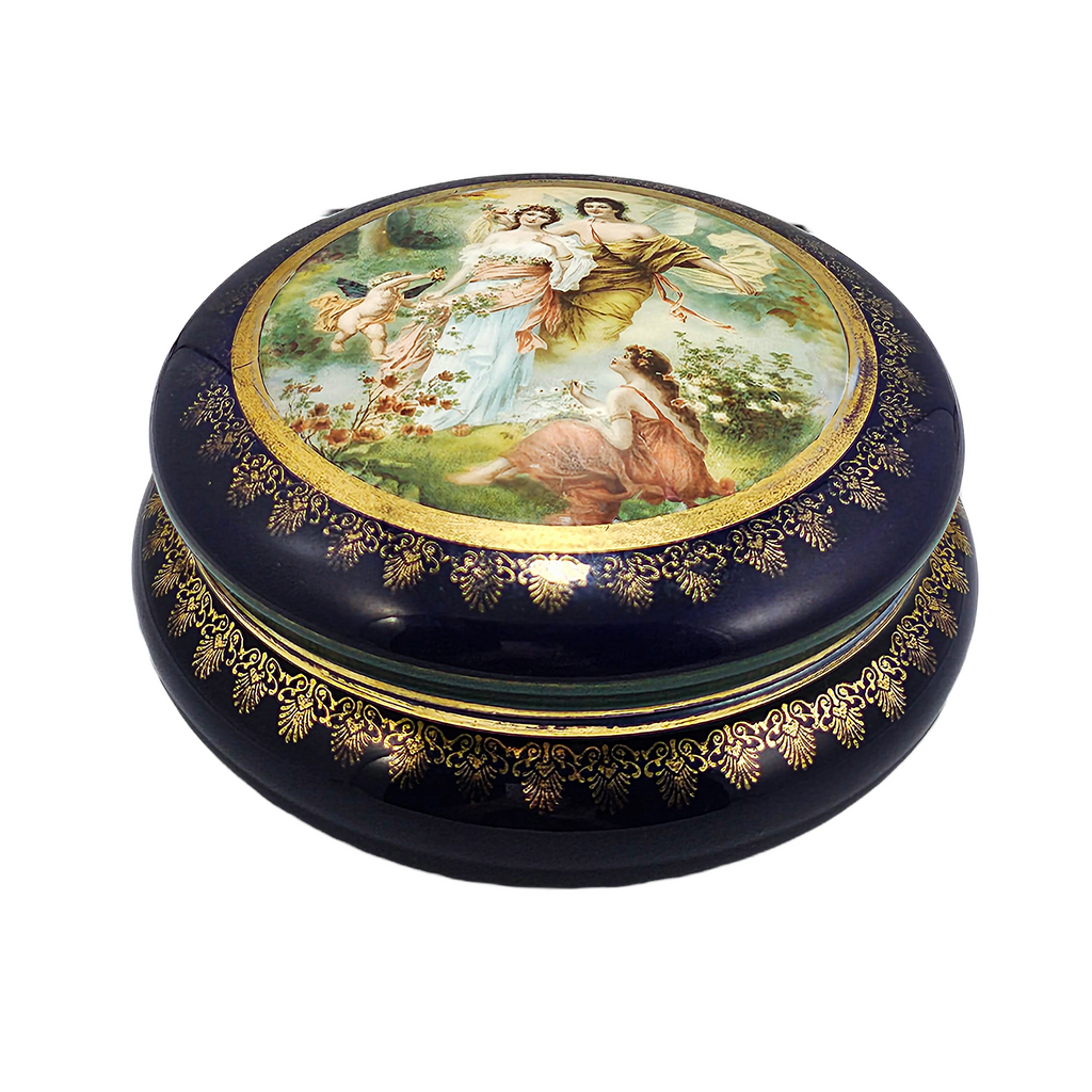 Royal Vienna Porcelain Dresser Box Cupid Persephone Mythological Scene Cobalt Blue Vanity Jar Blue Beehive Mark