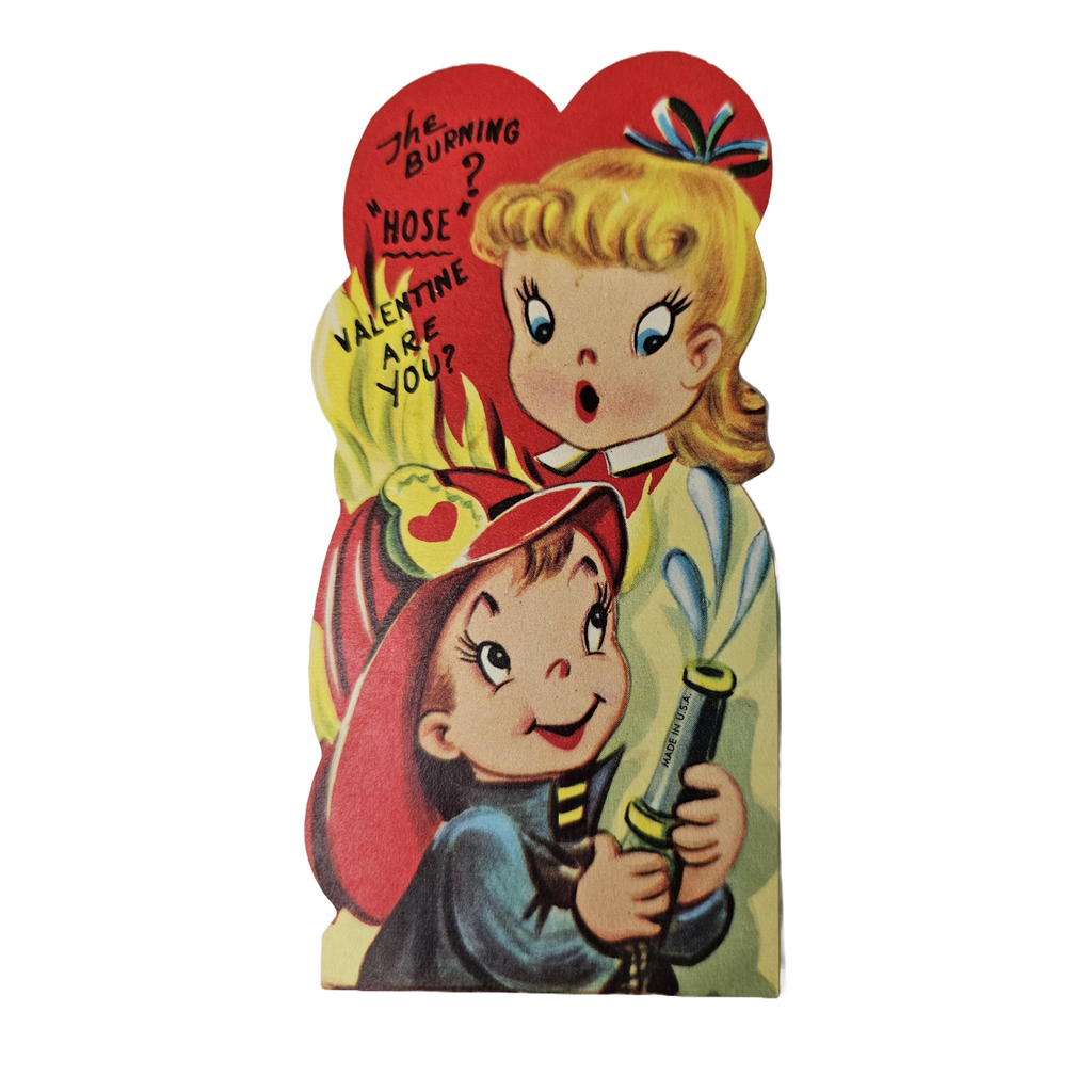 Antique Vintage Die Cut Valentine Card Little Boy Fireman Putting Out Fire with Little Girl Questionable Tagline
