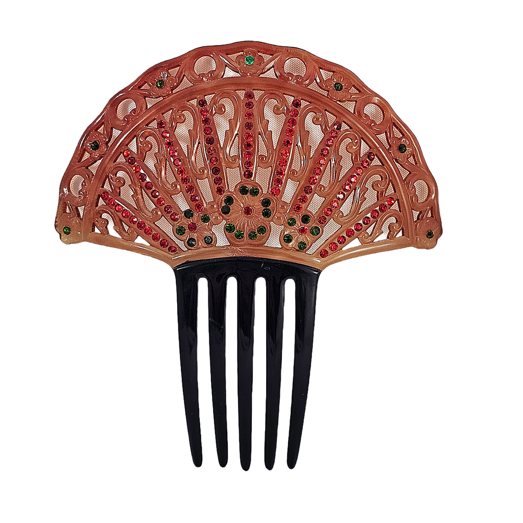 Antique Art Deco Celluloid Carved Hair Comb Fashion Accessory Large Ginger & Black with Green Red Rhinestones
