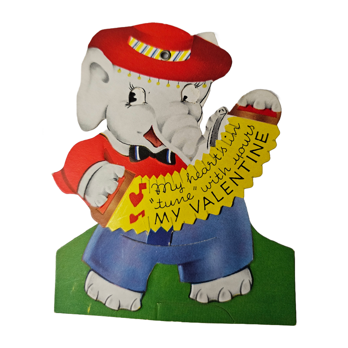 Vintage Die Cut Mechanical Valentine Card Humanized Elephant  in Suit Playing Accordion Ameri-Card 1940s
