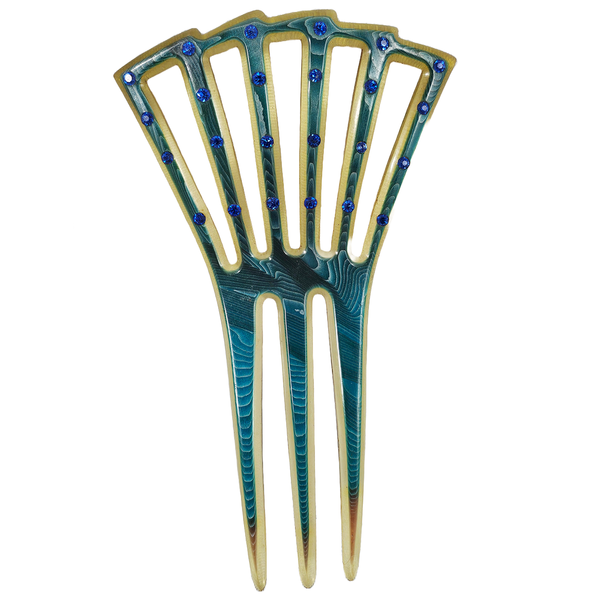Art Deco Celluloid Hair Comb Teal Blue Sapphire Rhinestones 