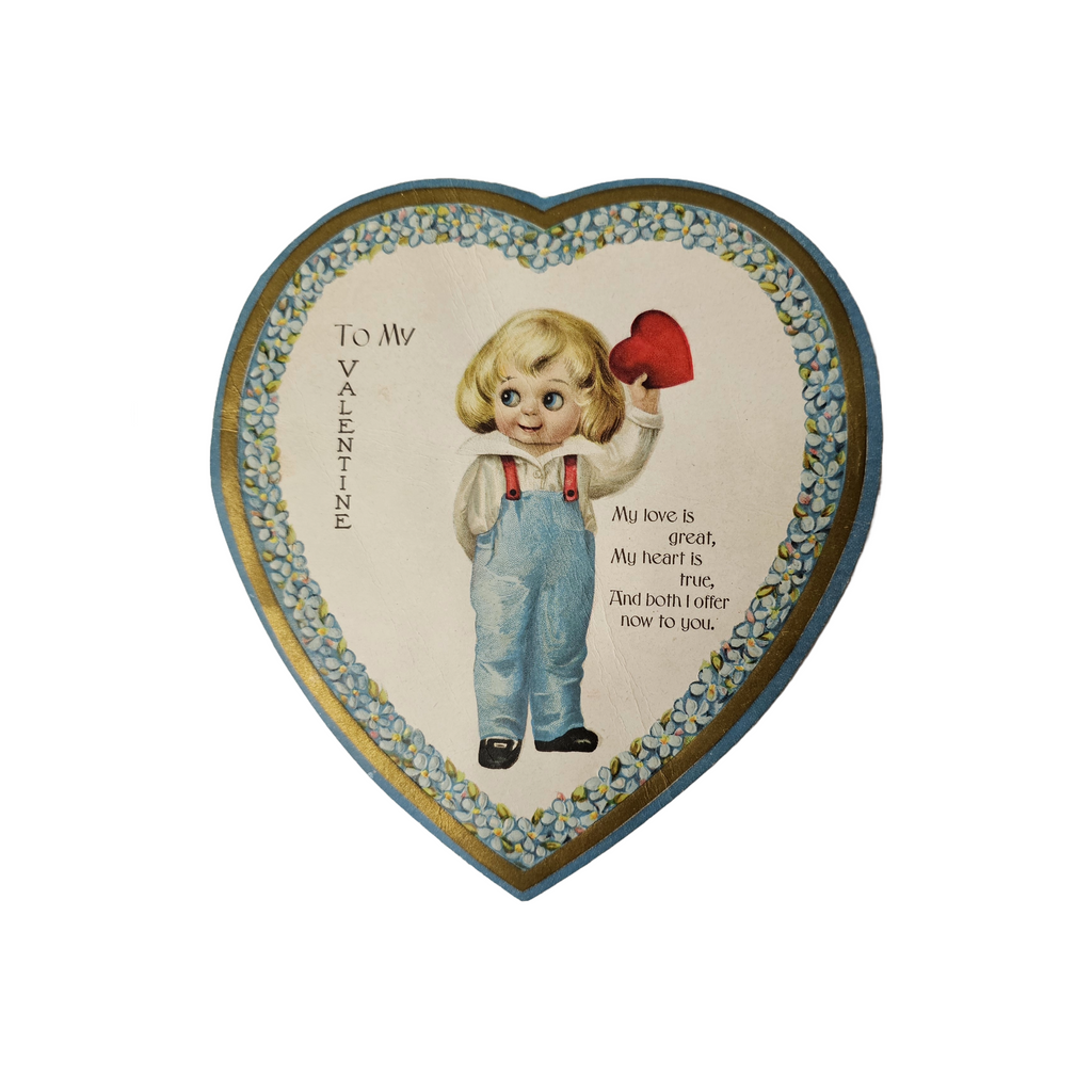 Antique Vintage Die Cut Valentine Card Heart Shaped Gold Floral Border Artist Jason Frexias Little Boy in Overalls