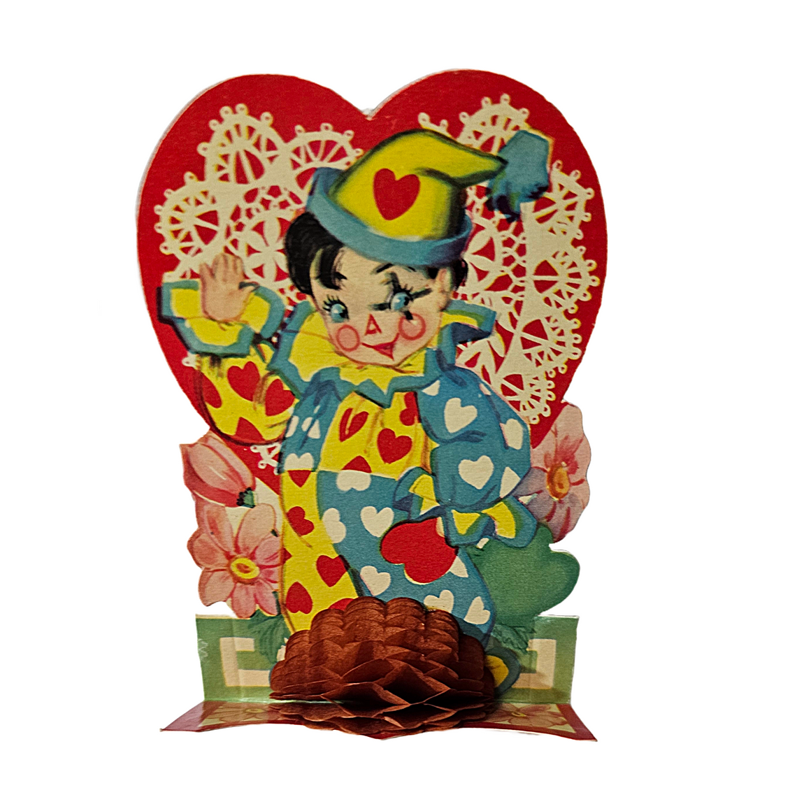 Antique Vintage Die Cut Valentine Card Child Dressed as Clown Honeycomb Pull Down Puff