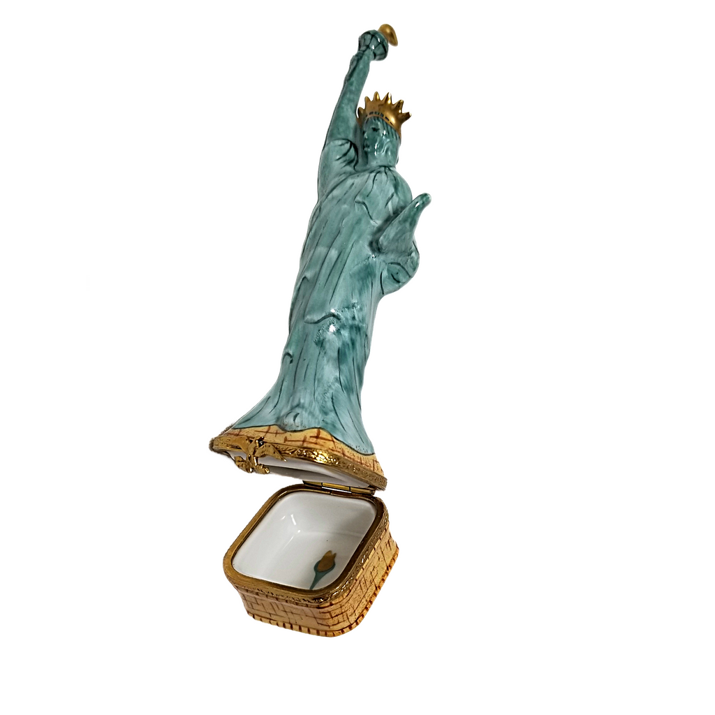 Vintage Limoges Peint Main Porcelain Statue of Liberty Hinged Trinket Box Artist Signed