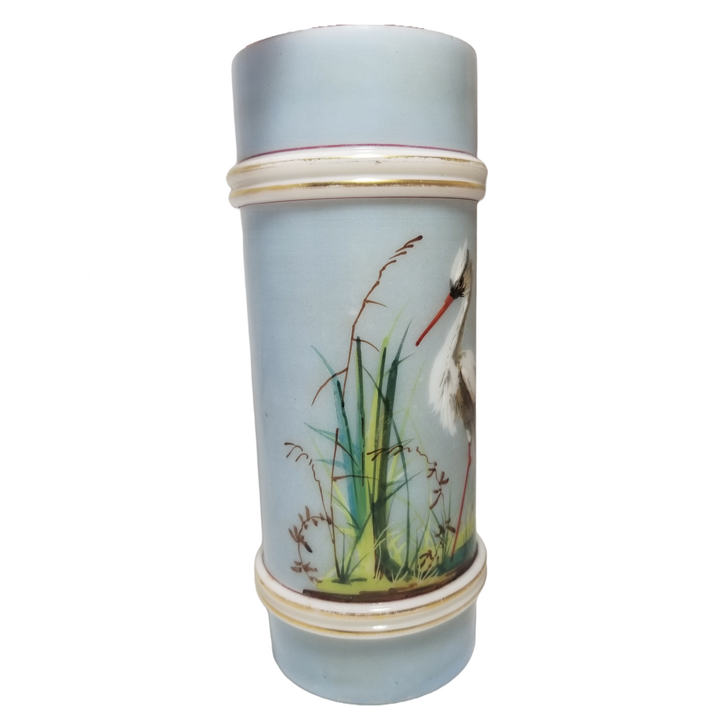 Antique Mt Washington Smith Brothers Sandwich Glass Ring Cylinder Vase Blue with White Crane