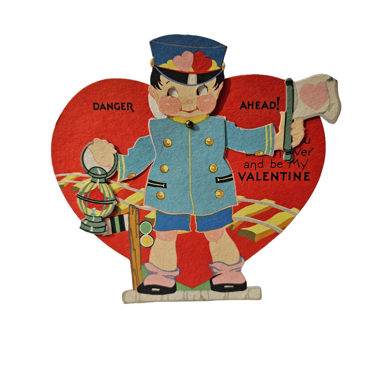 Antique Vintage Die Cut Mechanical Valentine Card Train Conductor Boy Holding Flag & Lantern
