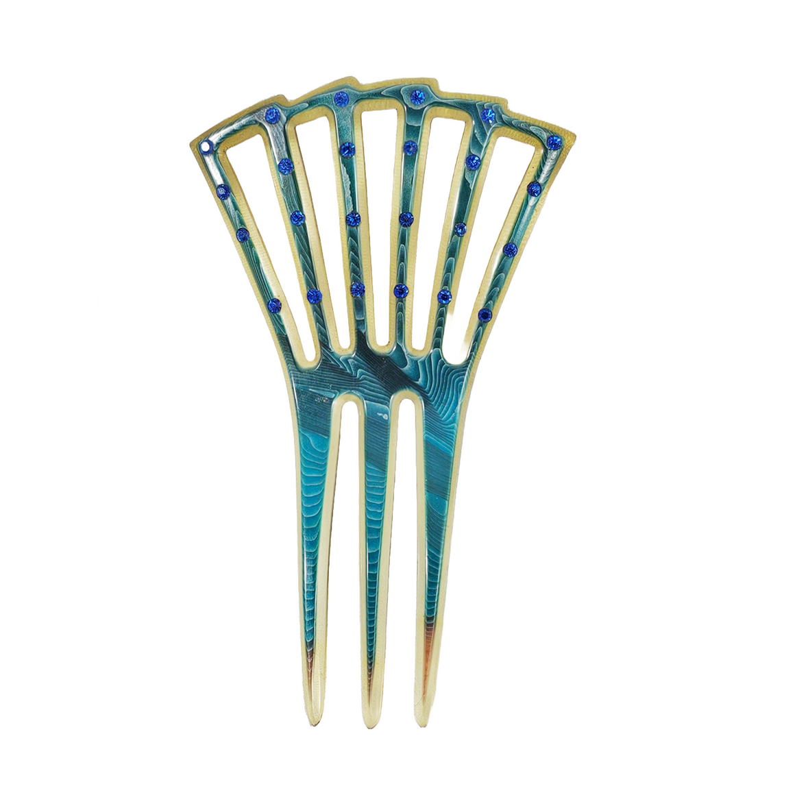 Art Deco Celluloid Hair Comb Teal Blue Sapphire Rhinestones Antique Fashion Accessory