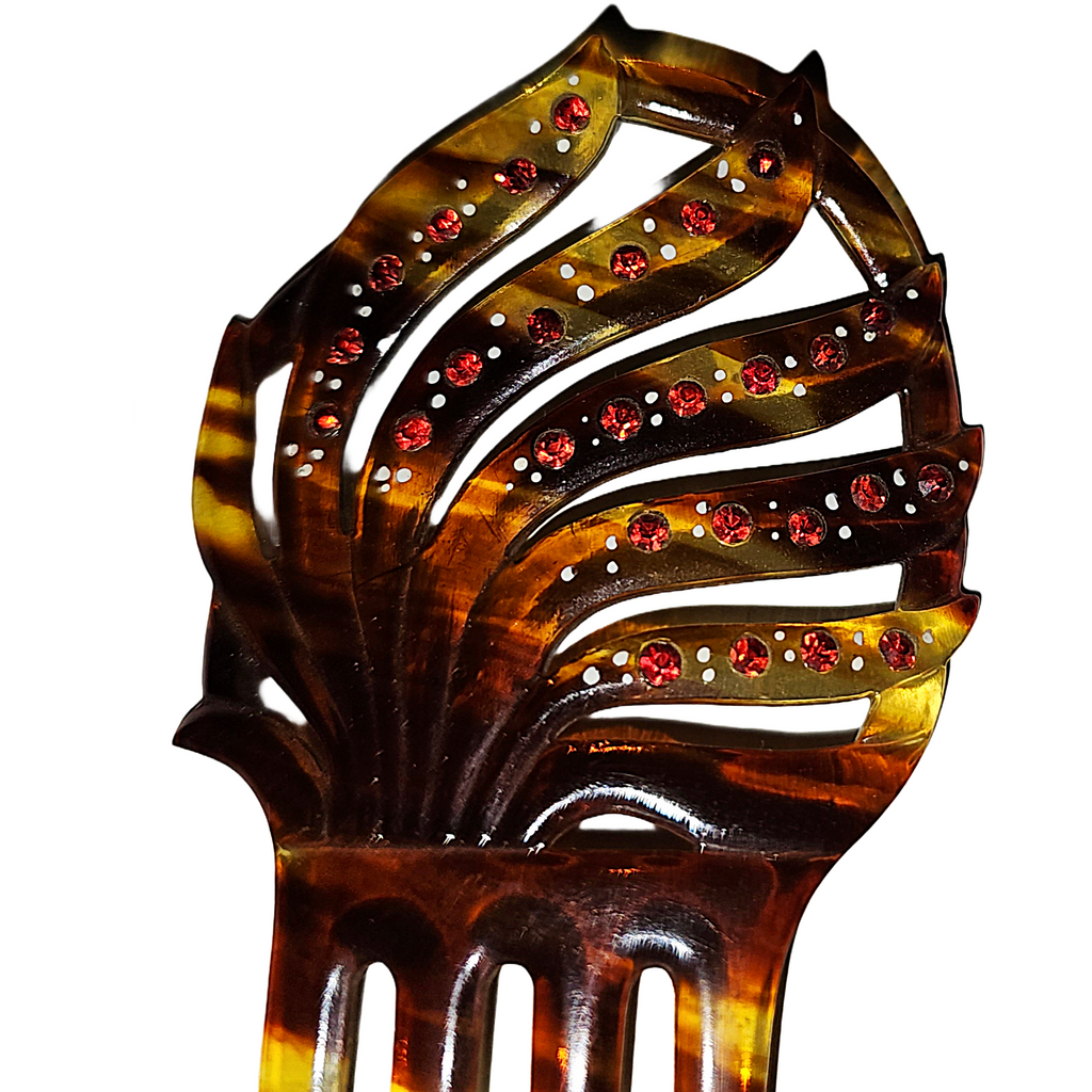 Art Deco Spanish Faux Tortoiseshell Celluloid Hair Comb with Red Rhinestones