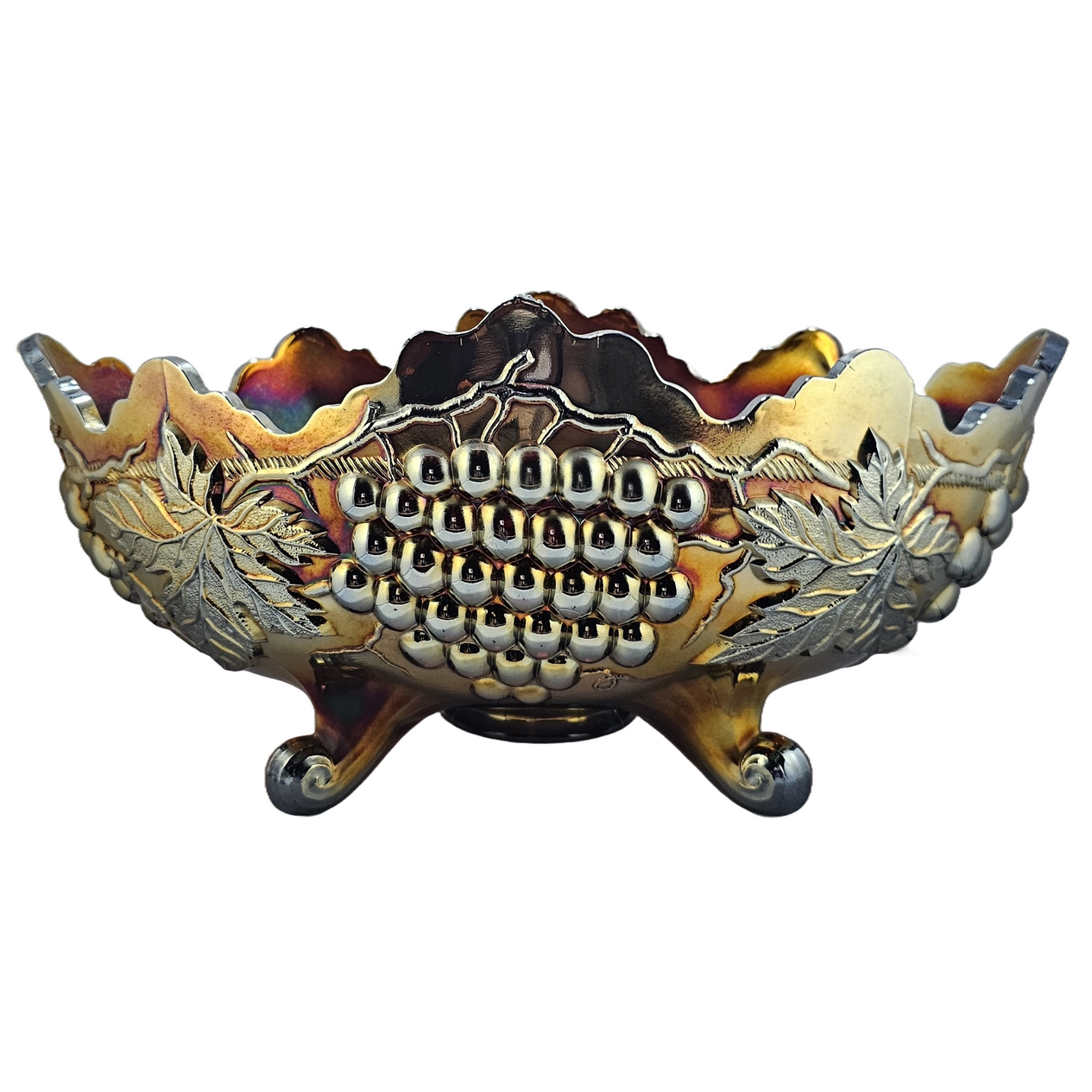 Northwood Purple Amethyst Carnival Glass Banana Boat Bowl Grape Cable Pattern