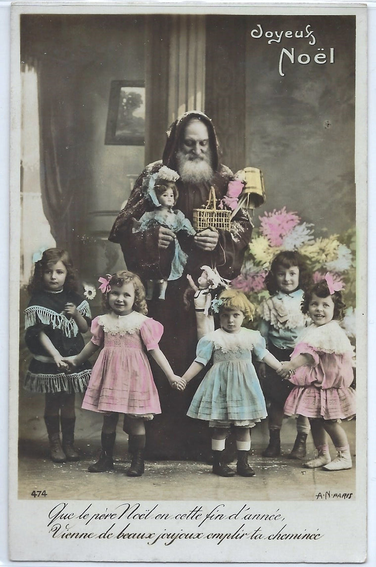Real Photo Style French Postcard Hand Tinted Santa Claus in Robe Surrounded by Children