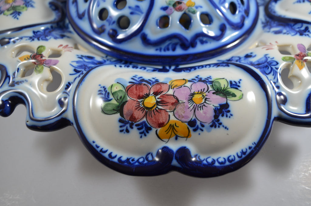 Alcobaca Portugal Hand Painted Ceramic Porcelain Blue Floral Divided Serving Bowl Delft Style