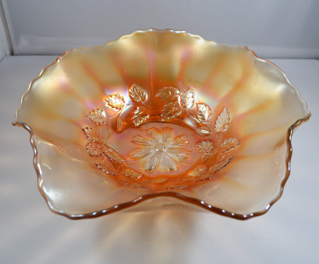 Dugan Cosmos Variant Marigold Carnival Glass Ruffled Bowl