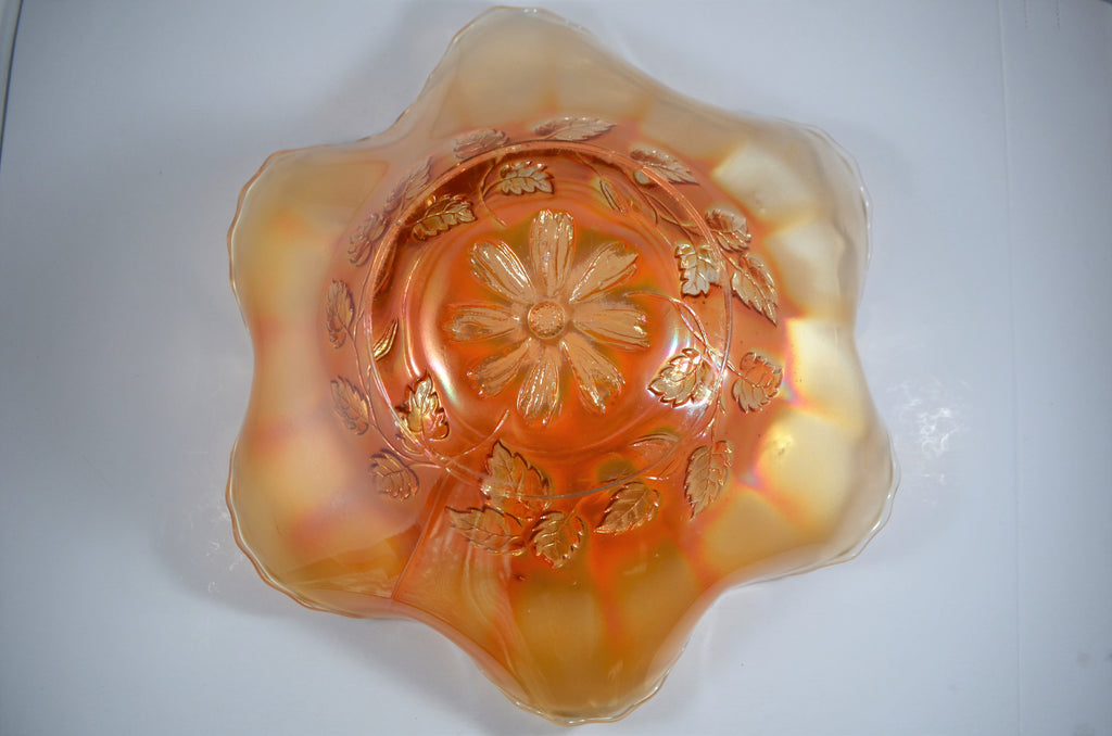 Dugan Cosmos Variant Marigold Carnival Glass Ruffled Bowl