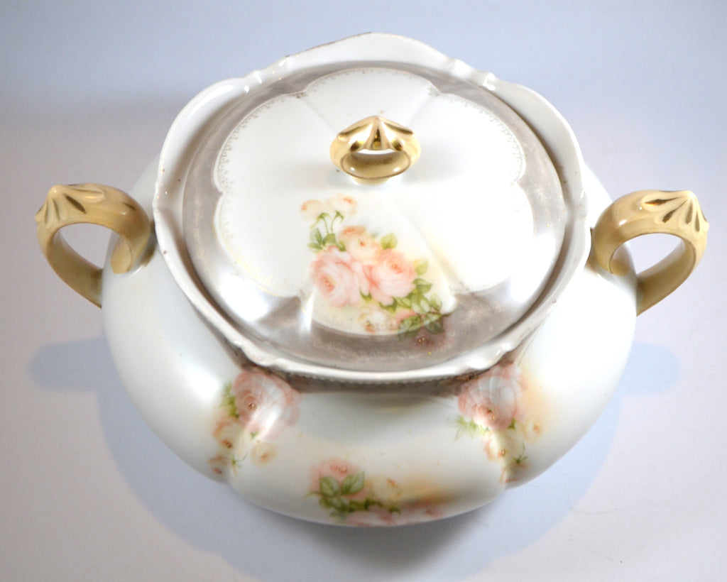 RS Prussia Porcelain Cracker Jar w/ Lid Pink Roses Tiffany Finish