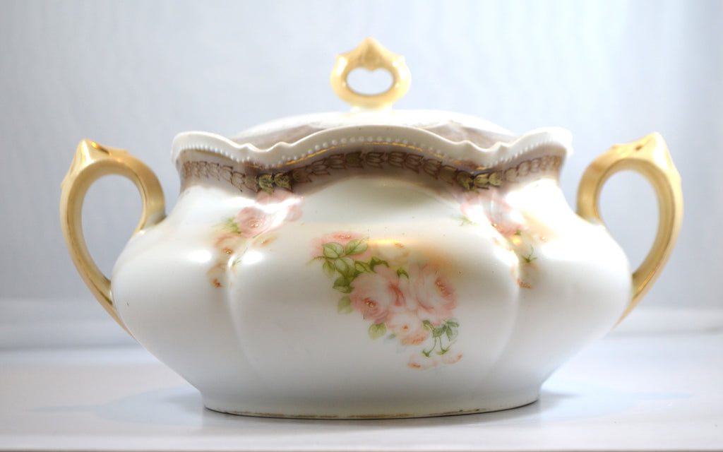 RS Prussia Porcelain Cracker Jar w/ Lid Pink Roses Tiffany Finish