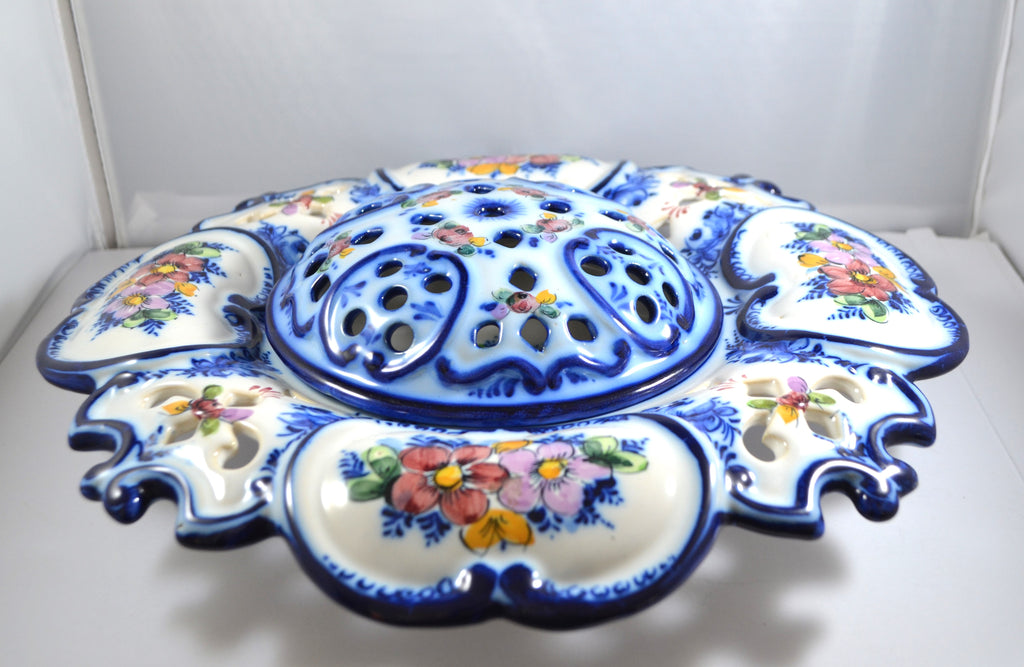 Alcobaca Portugal Hand Painted Ceramic Porcelain Blue Floral Divided Serving Bowl Delft Style