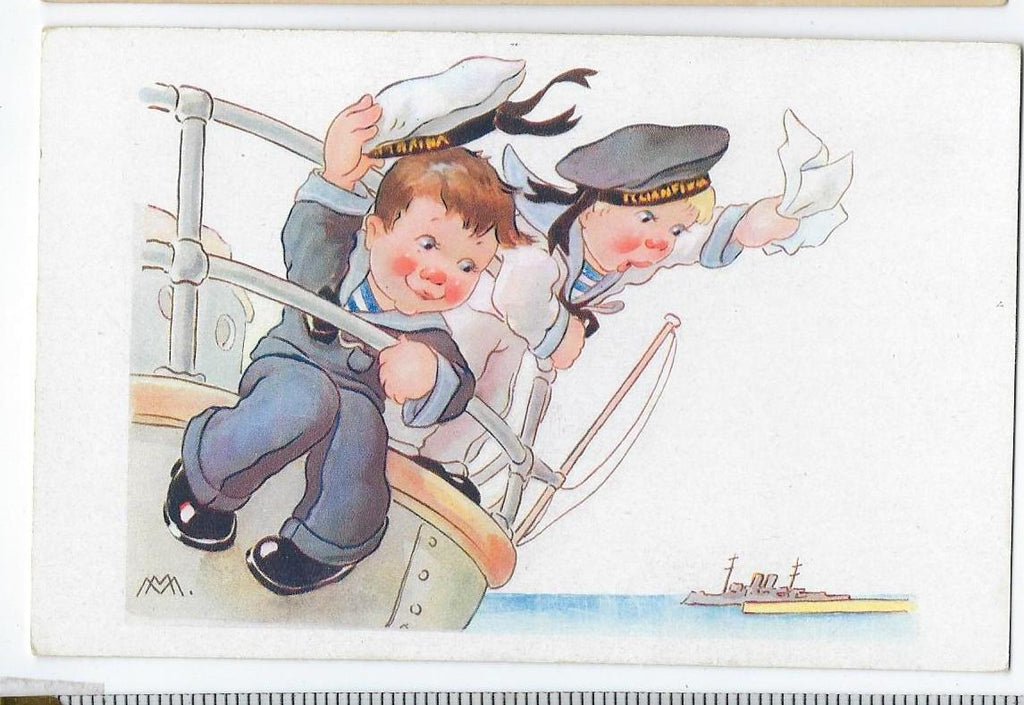 Artist Postcard Italian Signed Monogram Initials M.M. Young Boys Navy Sailors Waving Comical Card Series 1026 Cecami Publishing
