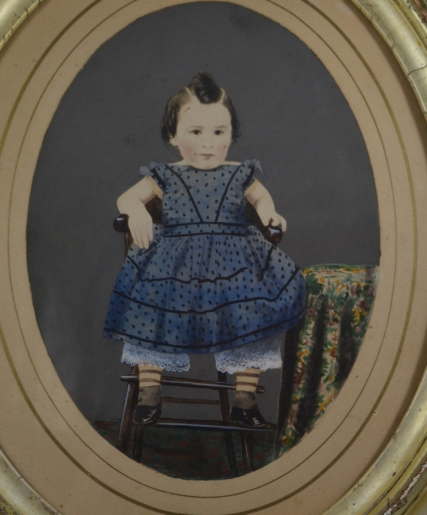 Folk Art Painted Tintype Photograph Portrait of Young Girl Seated in Windsor Chair Circa 1860-70