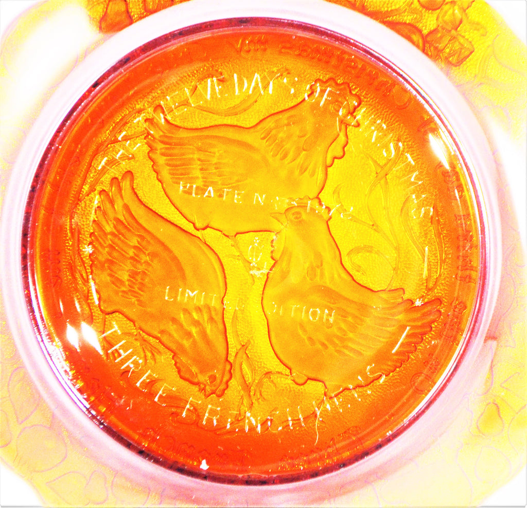 Amber Glass Christmas Plate Three French Hens by Imperial 1972