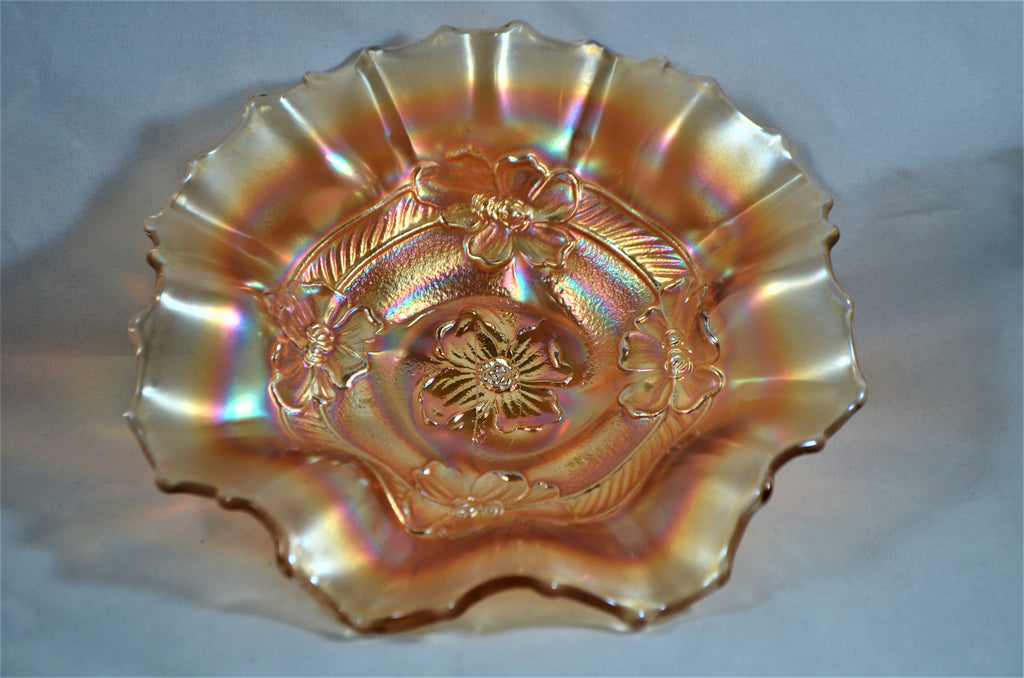 Dugan Apple Blossom Carnival Glass Bowl Marigold Ruffled Rim