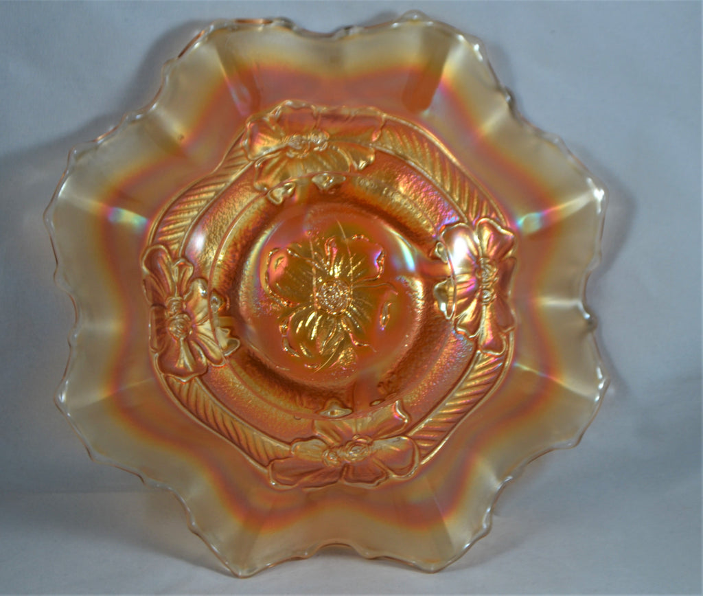 Dugan Apple Blossom Carnival Glass Bowl Marigold Ruffled Rim