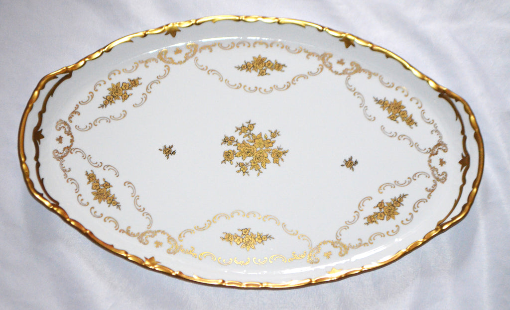 Large 20" Vintage Porcelain Reichenbach Germany 24 karat Gilt Oval Platter with Rose Decor