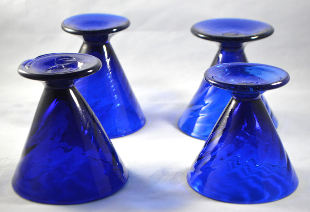 Set of Four Early Soda Glass Style Hand Blown Cobalt Blue Pedestal Cordial Shot Glasses