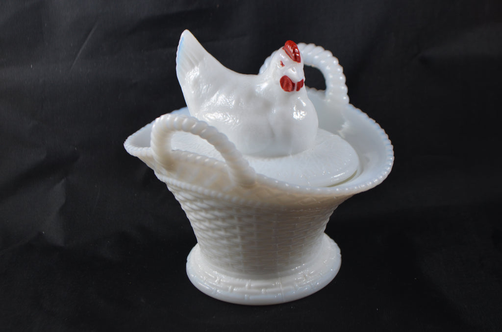 Westmoreland White Milk Glass Hen Chicken & Basket Covered Dish