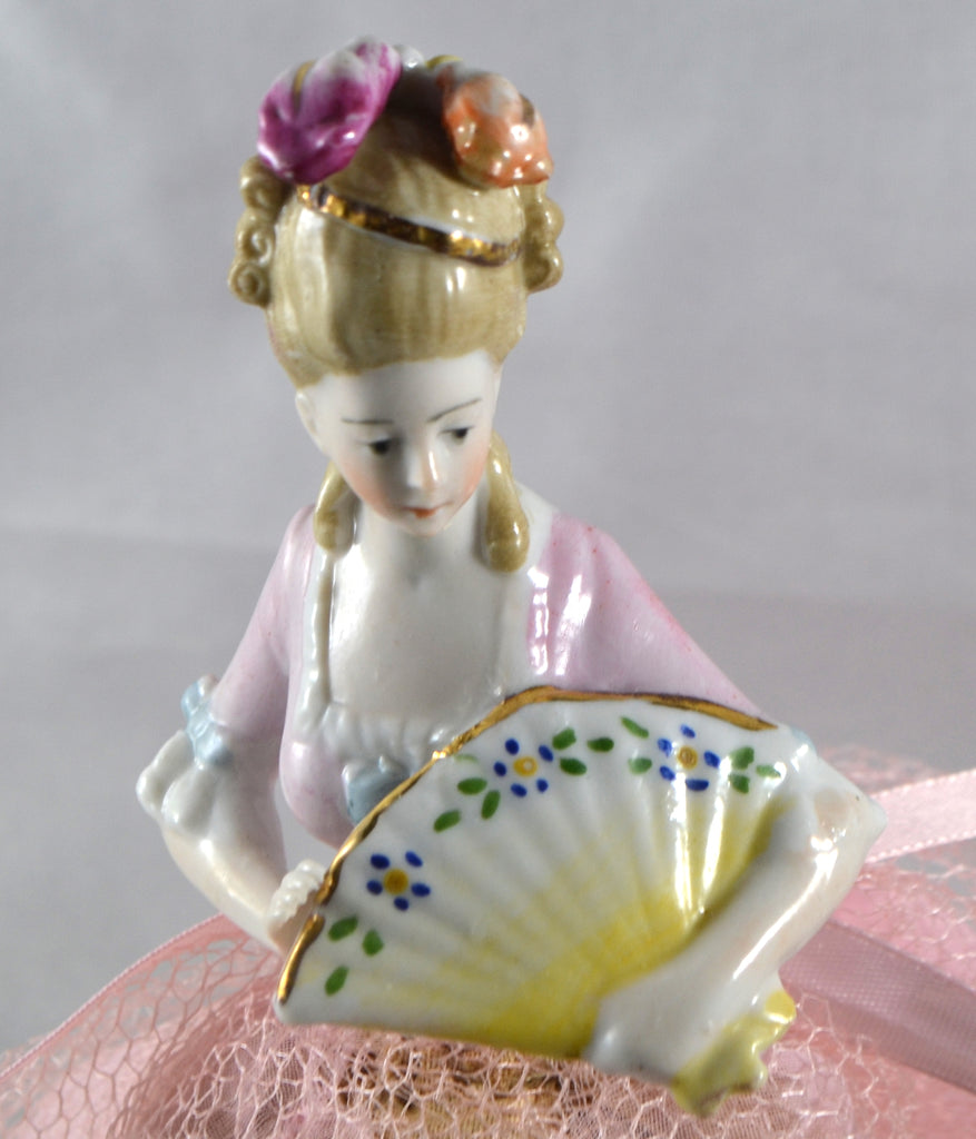 German Porcelain Half Doll "18th Century" Style Lady with Fan & Plumes on Pin Cushion