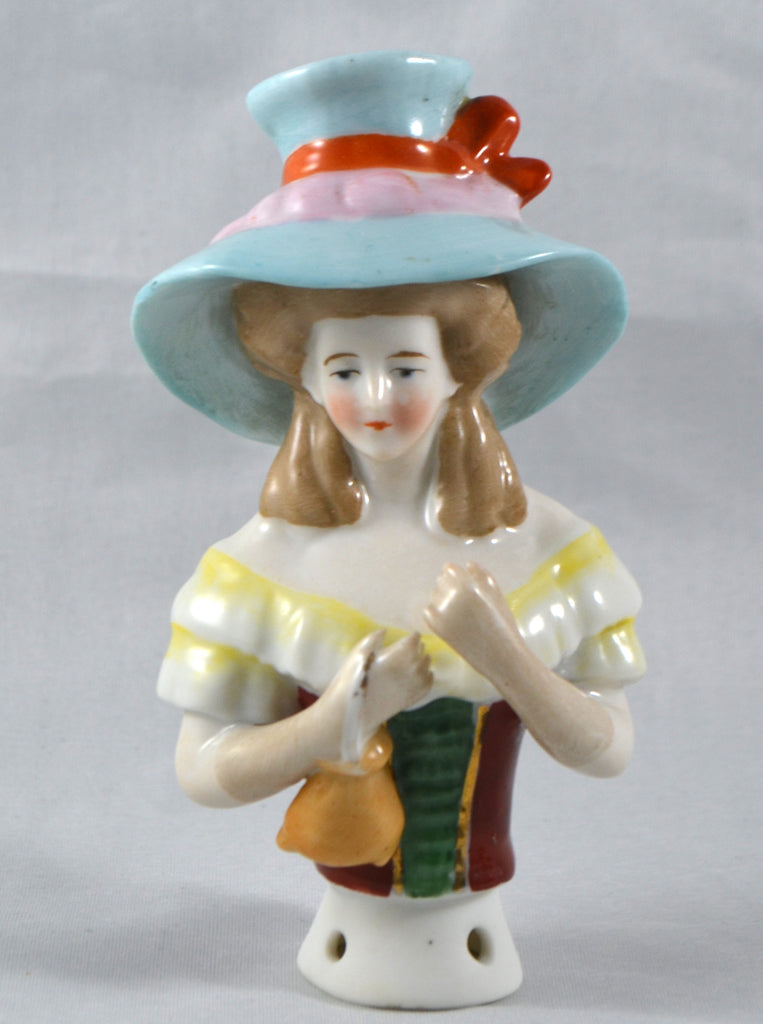 Large & Rare Half Doll in Oversized Hat Holding Reticule Purse