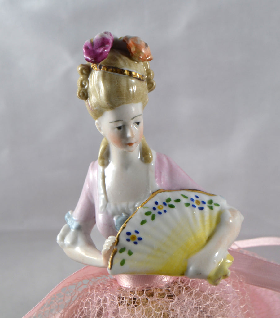 German Porcelain Half Doll "18th Century" Style Lady with Fan & Plumes on Pin Cushion