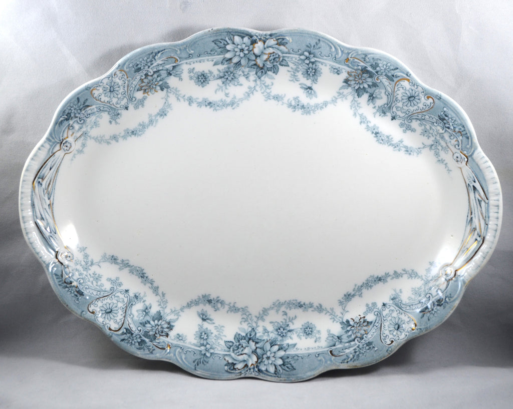 Antique Porcelain Johnson Bros England 12" Oval Serving Platter Tray Marlboro Blue Gray (Gold Trim)