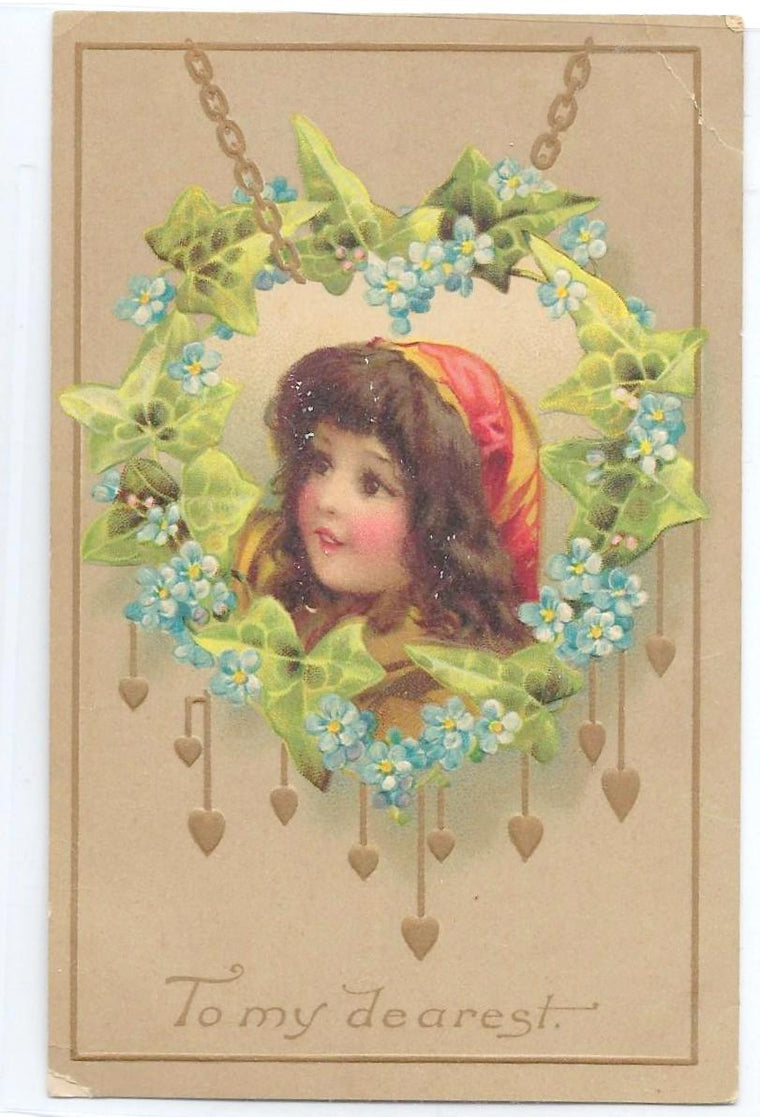 Birthday Postcard Embossed Gold Hanging Hearts Portrait of Child Frances Brundage Design