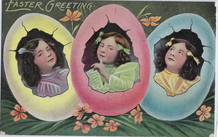 Easter Postcard Portraits of Little Girls in Painted Eggs