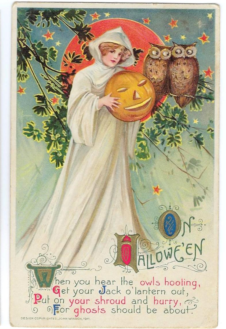 HALLOWEEN Postcard Samuel Schmucker Design John Winsch Publishing Glamour Witch in White Cape Holding JOL Owls in Tree