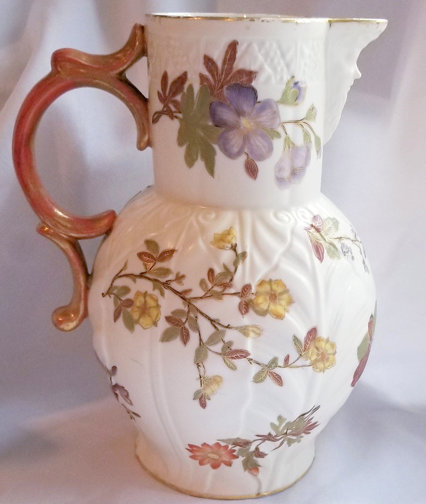 Royal Worcester English Porcelain Pitcher Hand Painted Floral Decor North Wind Face Spout Circa 1887