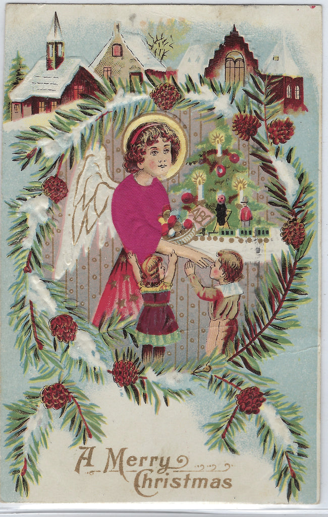 Christmas Postcard Angel with Child Pink Silk Applied Top Embossed Snow & Pine Cones Made in Austria