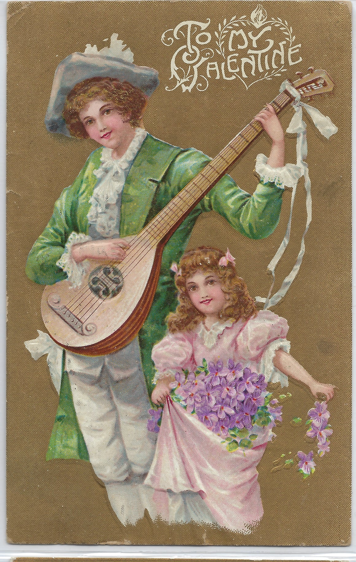 Valentine Postcard Embossed Card Boy Playing Lute Girl Holding Violets Gold Textured Background Series 8114